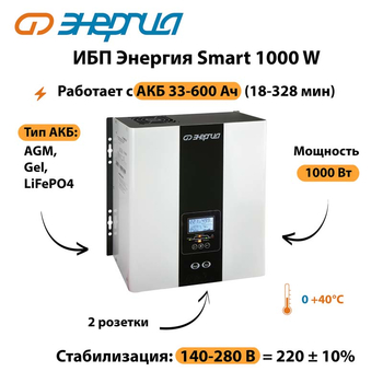 ИБП Энергия Smart 1000W - ИБП и АКБ - Энергия ИБП Smart - . Магазин оборудования для автономного и резервного электропитания Ekosolar.ru в Улан-Удэ